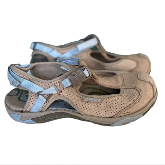 WOMENS MERRELL Size 7 Siren Cassia Beige Suede Leather T Strap Style Sandals - Picture 1 of 9